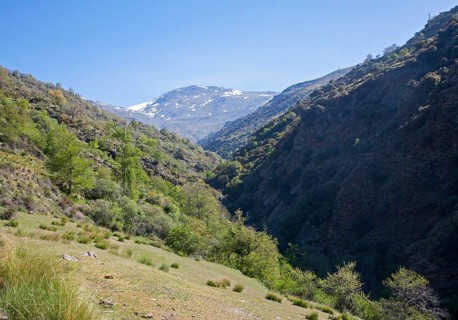 Landscape of the River Rio Poqueira gorge valley, High Alpujarras, Sierra Nevada, Granada Province,