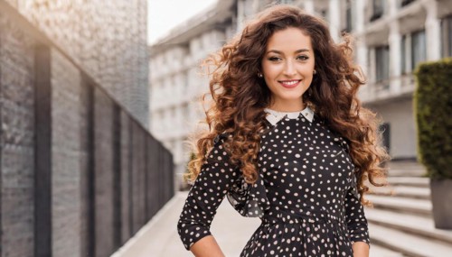 A cheerfully smiling woman in a polka-dot dress leans against a city balcony, AI generated, AI