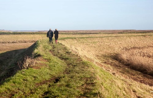 Two people walking on coastal defence wall at Shingle Street, Suffolk, England, United Kingdom,