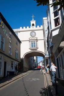East Gate Tudor arch in the High Street at Totnes, Devon, England, United Kingdom, Europe