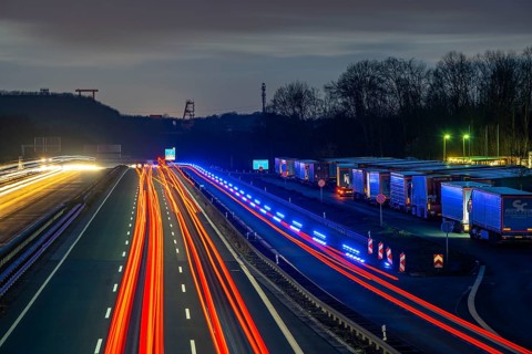 Evening traffic on the A2 motorway at the Recklinghausen junction heading west, in the background
