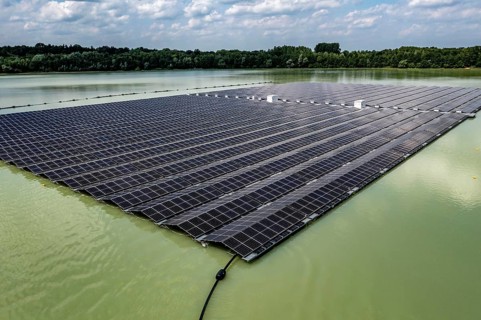 Germany's largest floating solar power plant on the Silbersee III, a quarry pond no longer used for