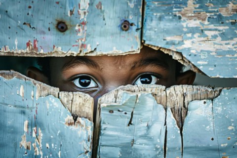 Close up of black child peeking through hole in wooden wall. KI generiert, generiert, AI generated