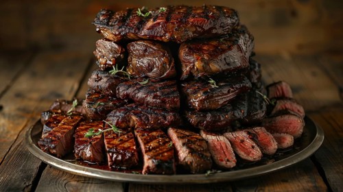 Plate with A stack of several grilled steaks. generative AI, AI generated