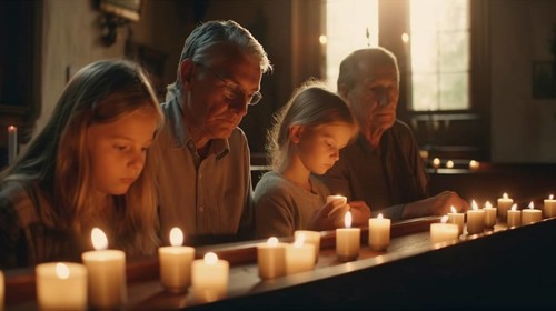Solemn family prays at the votive candles at church, generatvie AI, AI generated