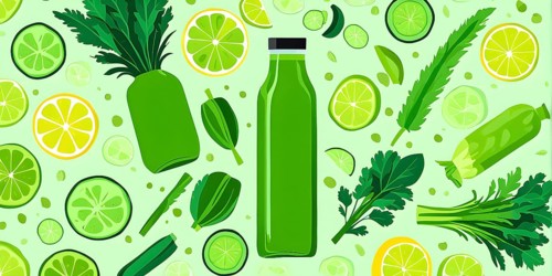 Abstract wallpaper composition with bottle of delicious green detox juice and fruits and