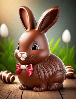 Cute funny little chocolate Easter bunny with Easter eggs, AI generated, AI generated