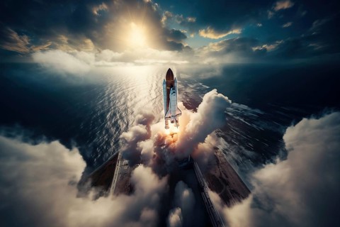 Aerial view of a rocket shuttle carrier launch at sunrise over an ocean coast. The rocket is