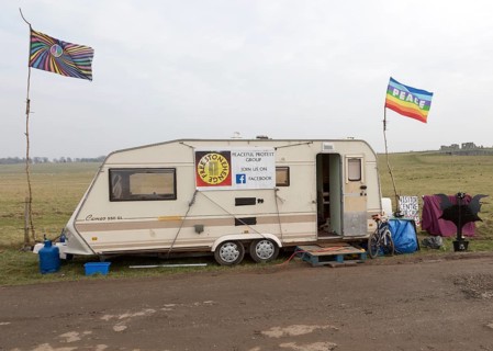 Caravan campaign banner Peace flag for 'Free Stonehenge, access campaign, Stonehenge, Wiltshire,