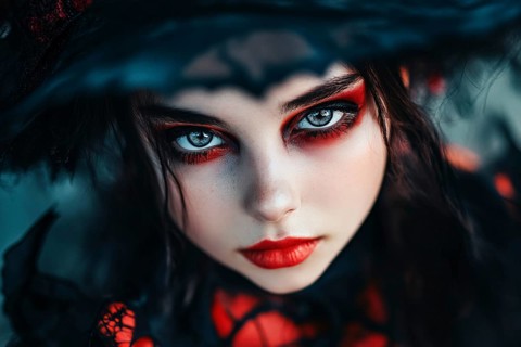 Beautiful young woman with red makeup and black Halloween witch costume with hat. Generative Ai, AI