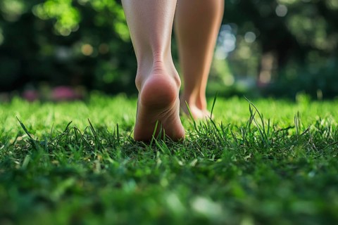 Close up of woman's bare feet walking over grass. Generative Ai, AI generated