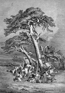 Prayer in the steppe. Travelling group in the Orient resting under a pine tree, Historical,