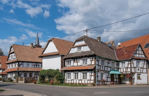 Main street with half-timbered houses, Hunspach, Alsace