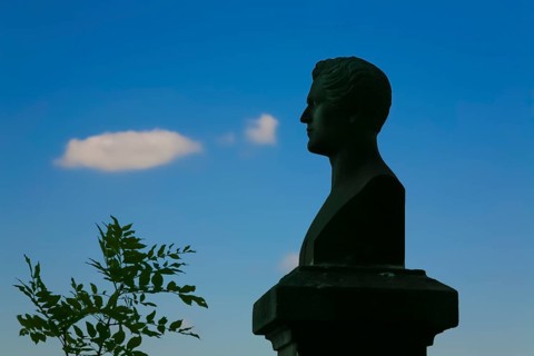 Bust of Wilhelm Hauff at Lichtenstein Castle, monument, stone figure, fairytale castle of
