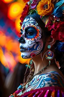 Woman in an extravagant dia de los muertos costume and a vibrant face makeup, AI generated