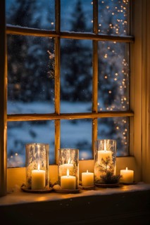 Snow-covered window with frost patterns, candlelight softly glowing through the glass, and warm,