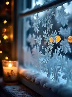 Snow-covered window with frost patterns, candlelight softly glowing through the glass, and warm,