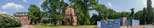 Park Mettlach with old abbey, old tower, landmark, largest ceramic puzzle in the world Panorama