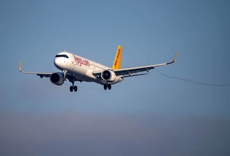 Pegasus aircraft approaching Frankfurt FRA airport, Fraport, in winter, Hesse, Germany, Europe