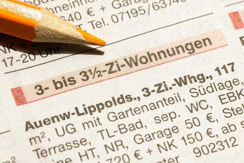 Flat advertisement and coloured pencil, flat rental, housing shortage, Germany, Europe