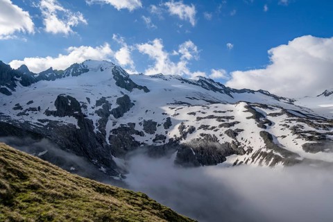 Rocky and glaciated mountain peaks, Großer Möseler summit with Furtschaglkees glacier, Berliner