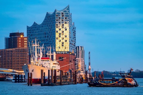 Port of Hamburg, museum ship Cap San Diego at the St. Pauli Landungsbrücken, Elbe Philharmonic