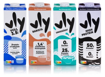 Vly vegan pea milk Milk substitute different flavours coloured against a white background