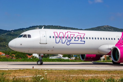 A Wizzair Airbus A321neo aircraft with the registration HA-LZU at Skiathos Airport, Greece, Europe