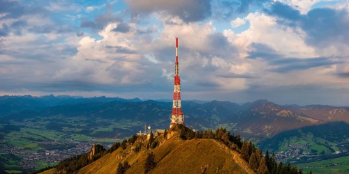 Bavarian Broadcasting Tower on the Grünten, 1738m, at sunrise, Illertal, Allgäu Alps, Oberallgäu,