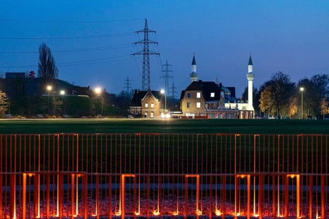 The herringen yeni ulu mosque, Lippepark, Franz Shaft, meadow with light installation, on the site