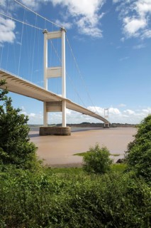 The old 1960s Severn bridge crossing between Beachley and Aust, Gloucestershire, England, UK