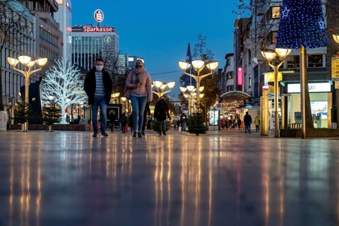 The city centre of Duisburg, shopping street Königstraße, on the day of the opening of the