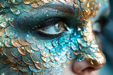 Woman's beautiful mermaid Halloween costume makeup with fish scales. Generative AI, AI generated