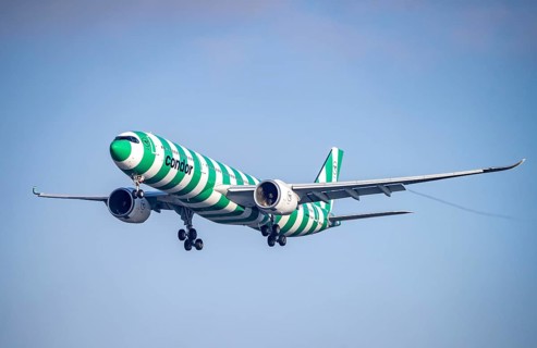 Condor Airbus A330-900, landing approach to Frankfurt FRA airport, Fraport, in winter, Hesse,