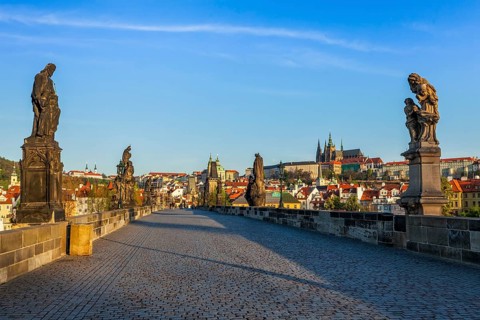 Charles bridge and Prague castle in the early morning. Prague, Czech Republic, Europe