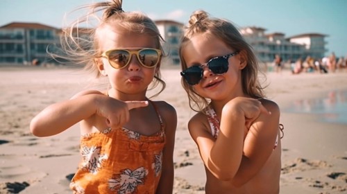 Two young girlfriends posing wearing sunglasses having fun on the beach, generatvie AI, AI