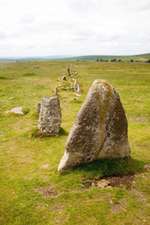 Avenue of standing stones at Merrivale ceremonial complex Dartmoor national park, Devon, England,