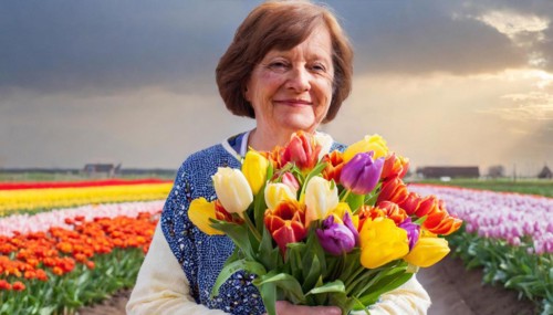 A middle-aged woman with a bouquet of colourful tulips stands against a cloudy sky above fields of