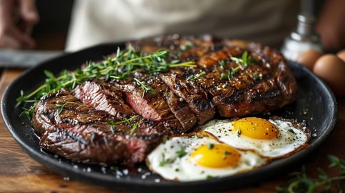 Man eating A plate filled with steak and eggs. generative AI, AI generated