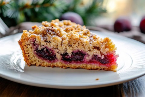 Slice of fresh plum pie with crumbles topping on plate. Generative AI, AI generated