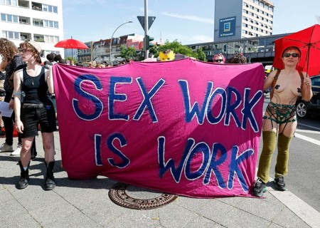 Sex workers demonstrate against the Prostitutes Protection Act on International Whores' Day. They