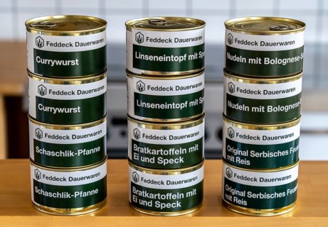 Emergency preparedness, food storage in a private household, long-life ready meals in tins, can be