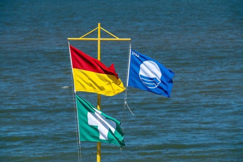 Beach of the village, Domburg in Zeeland, seaside resort, coast, flags on the beach, good water