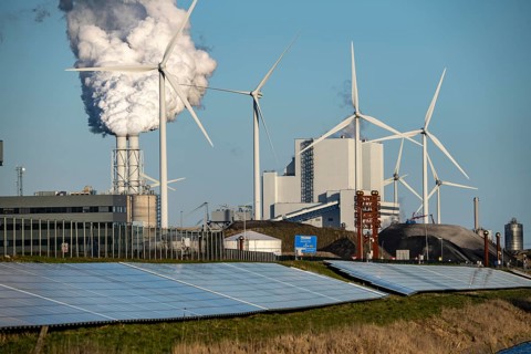 Solar park on the Slaperdijk dyke near the Eemshaven, test project, 17, 000 solar modules were