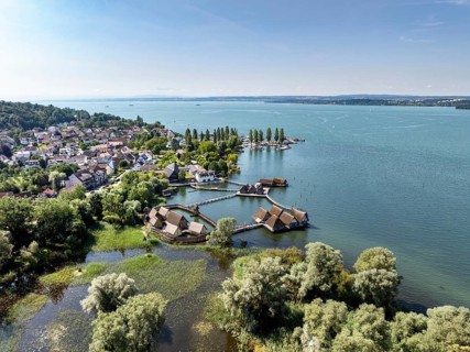 Aerial view of the pile dwellings, Lake Dwelling Museum, Open Air Museum Unteruhldingen,