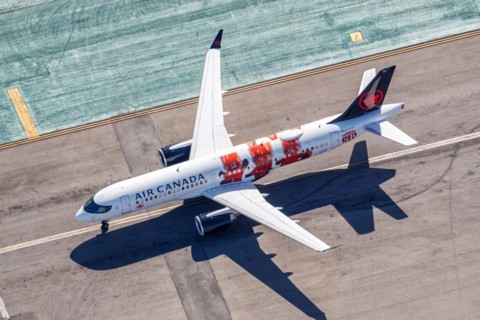 An Air Canada Airbus A220-300 aircraft with the registration C-GVDP and the special Turning Red