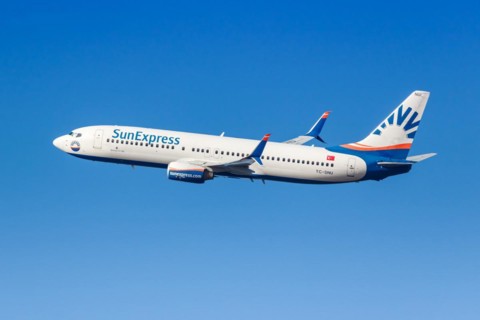 A Boeing 737-800 aircraft of SunExpress with the registration TC-SNU at the airport in Munich,