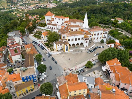 View from above of an idyllic town with many white and colourful roofs, surrounded by trees and