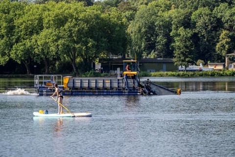 Mowing boat Nimmersatt, of the Ruhrverband, tries to keep the green plant carpet on the Lake