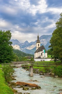 Parish church of St Sebastian, bridge, Ramsauer Ache, Ramsau, Berchtesgadener Land, Upper Bavaria,